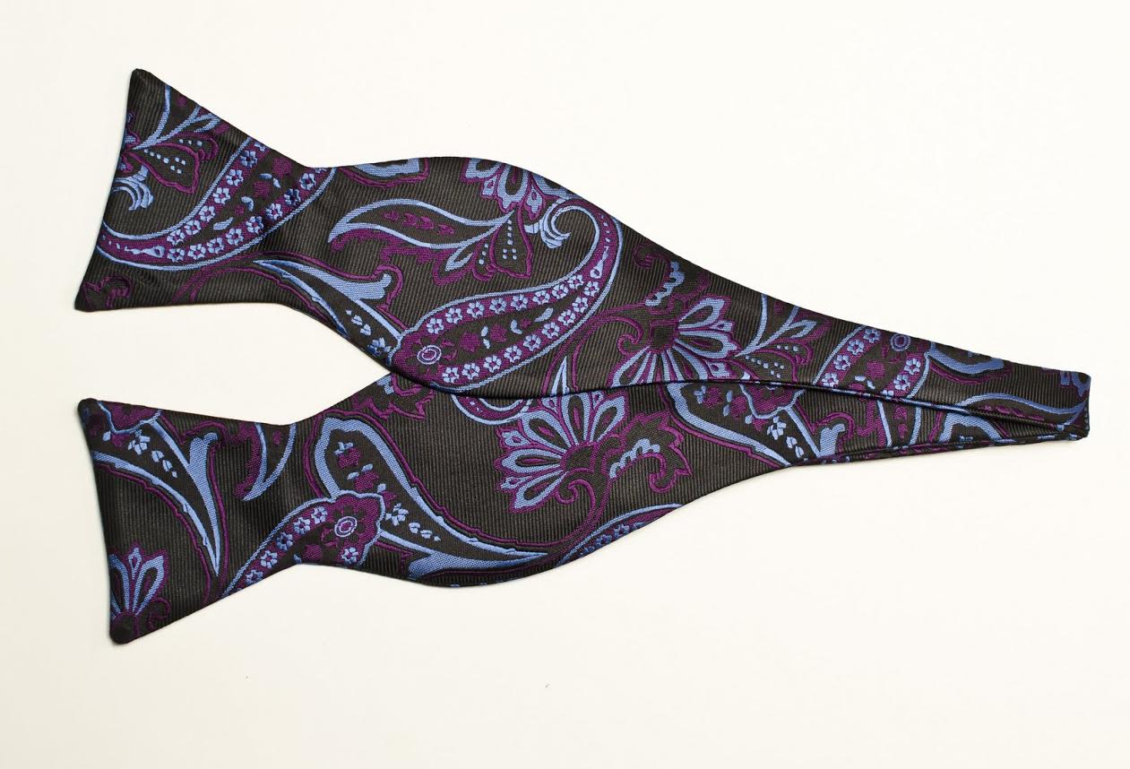 Black and purple paisley bow tie